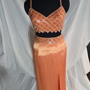 Orange Beaded Gown-  Crop Top and Skirt Set